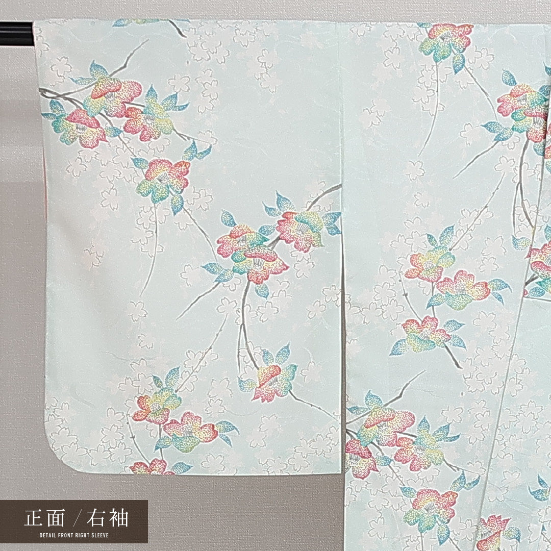 洗える着物 小紋 袷 身丈154cm 裄丈63cm ポリエステル Aランク インフォーマル バチ衿 Sサイズ 花柄 水色系 HP 1221-14284