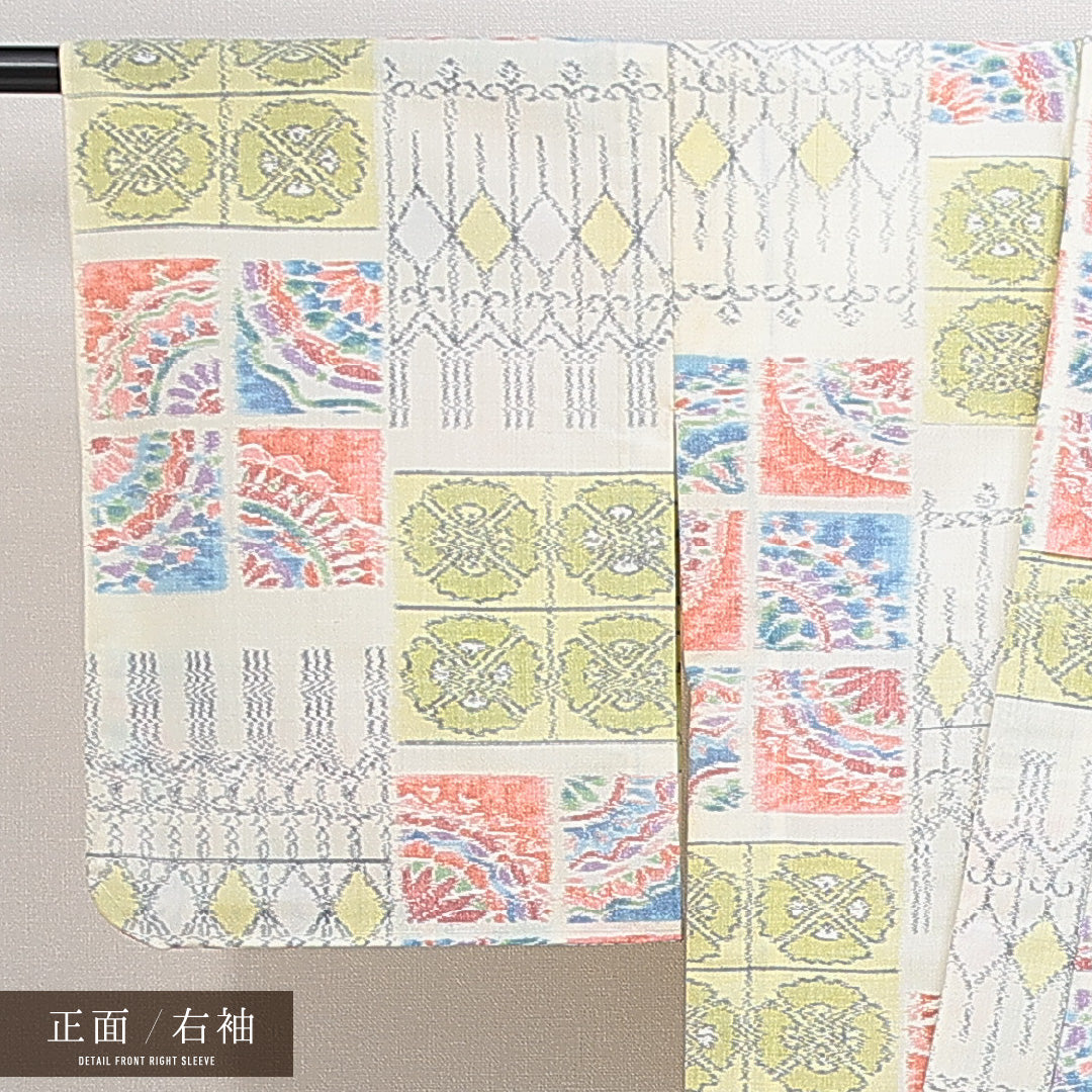 紬 単衣 身丈151cm 裄丈61cm 正絹 Sランク Sサイズ バチ衿 カジュアル 肩当て 抽象柄 クリーム系 1216-14862