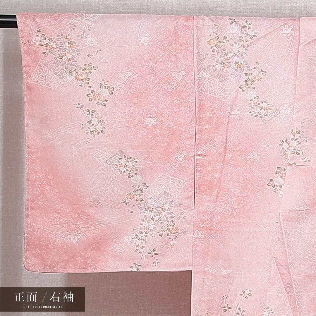 小紋 洗える着物 袷 身丈158cm 裄丈63cm ポリエステル Sランク Mサイズ 広衿 インフォーマル 流水 花柄 ピンク系 1215-15006