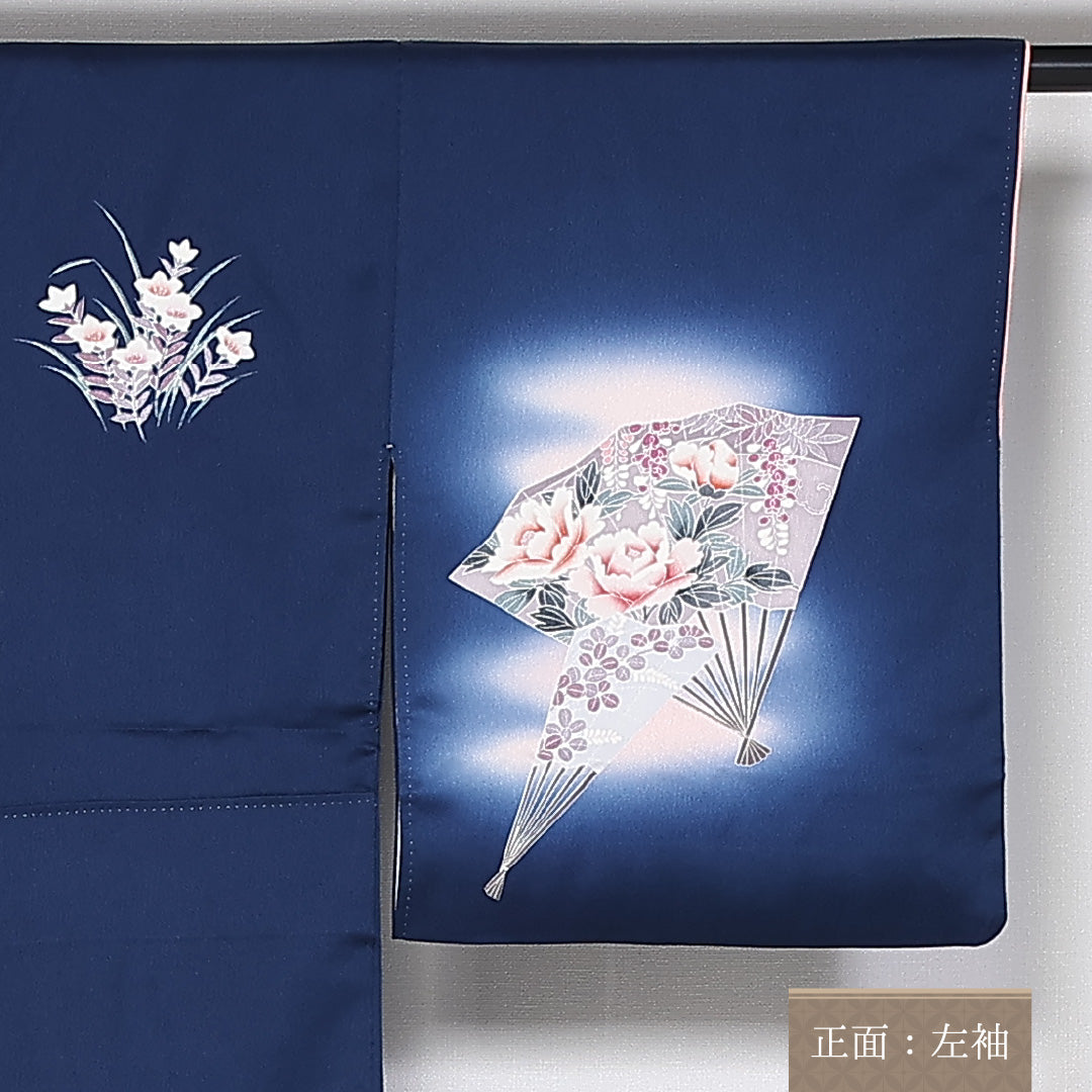 訪問着 袷 身丈154cm 裄65cm 正絹 牡丹 扇子 ぼかし Aランク 1212-00777