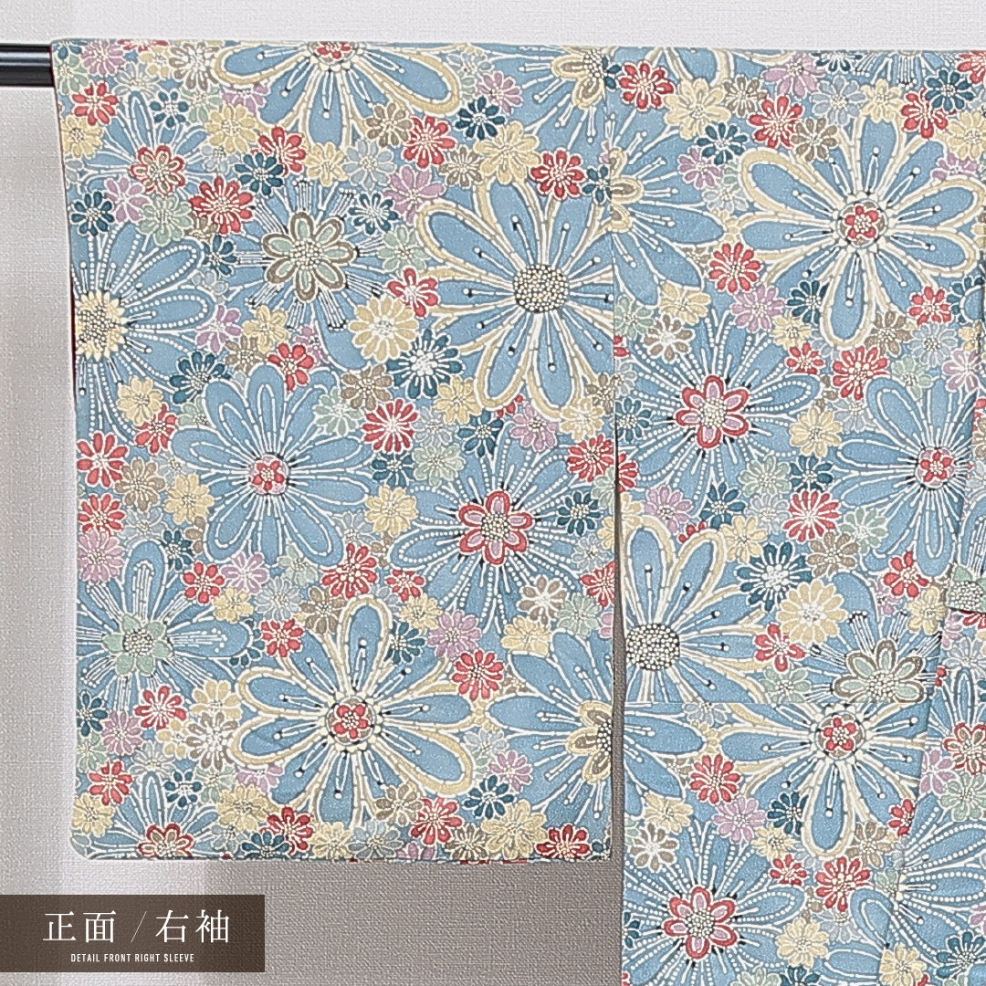 小紋 袷 身丈162cm 裄丈63cm 正絹 Aランク インフォーマル 広衿 Lサイズ 菊 水色系 HP 1221-15622