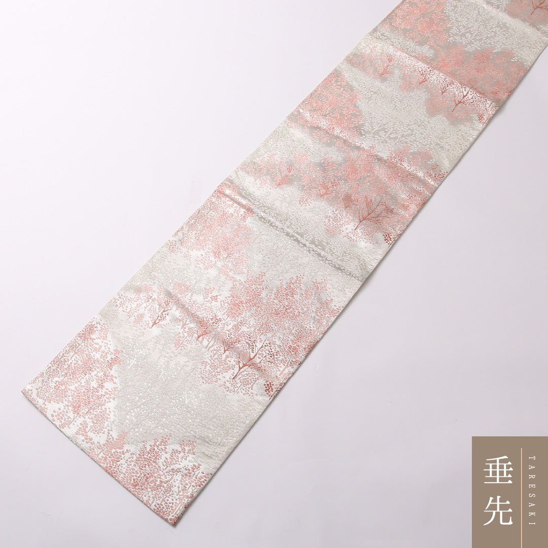 袋帯 帯丈374cm 正絹 六通 セミフォーマル 木立 銀系 ピンク系 1243-01548