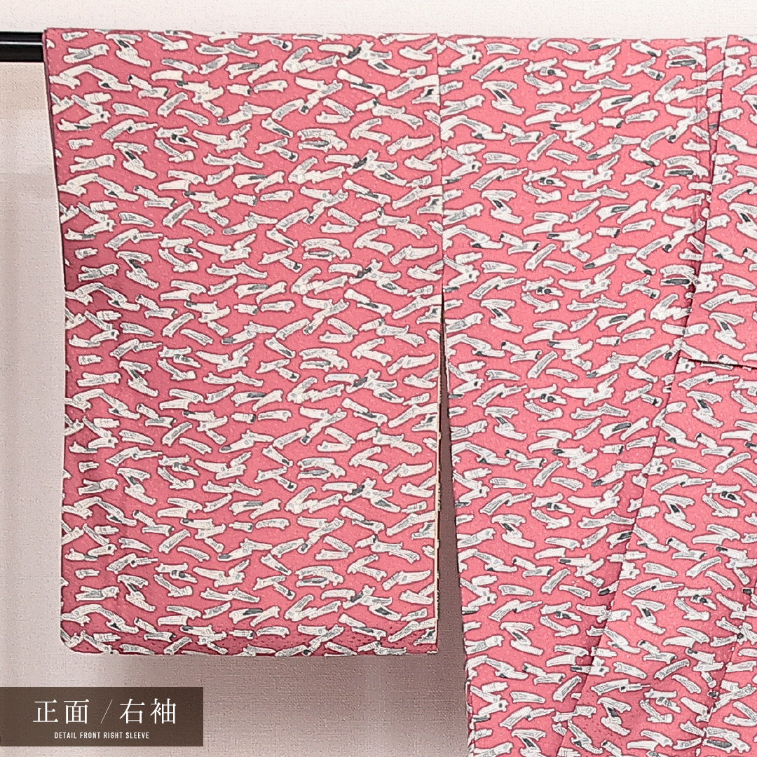 小紋 袷 身丈159cm 裄丈63cm 正絹 Sランク インフォーマル 広衿 Mサイズ 楽器 ピンク系 RP 1221-14089