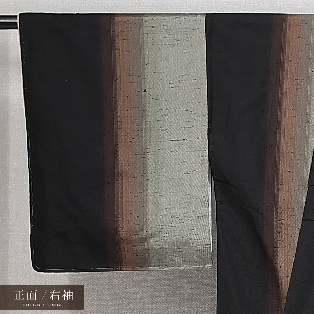 紬 袷 身丈152cm 裄丈62cm 正絹 Sランク Sサイズ バチ衿 カジュアル 縞 黒系 グレー系 1216-14801