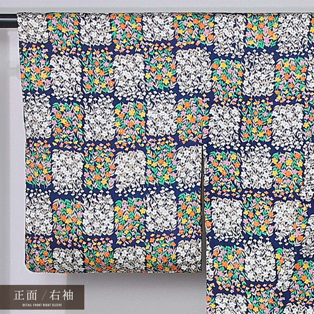 小紋 単衣 身丈154cm 裄丈63cm 正絹 Sランク インフォーマル 広衿 Sサイズ 居敷当て 市松 花柄 紺系 RP 1221-12261