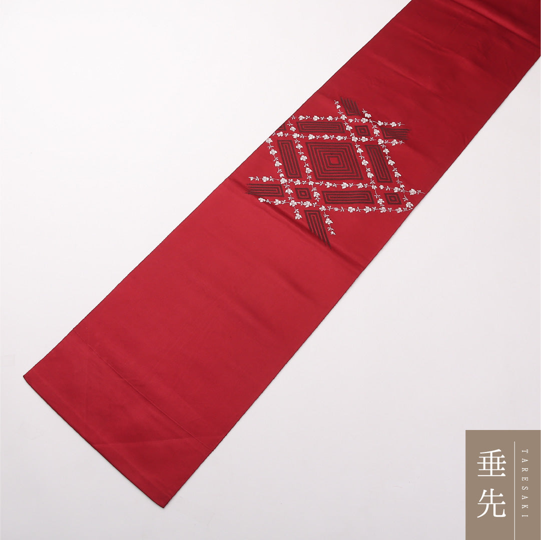 八寸名古屋帯 Aランク 帯丈344cm 正絹 ポイント柄 松葉仕立て 織り カジュアル 幾何学柄 赤系 LP 1245-02300