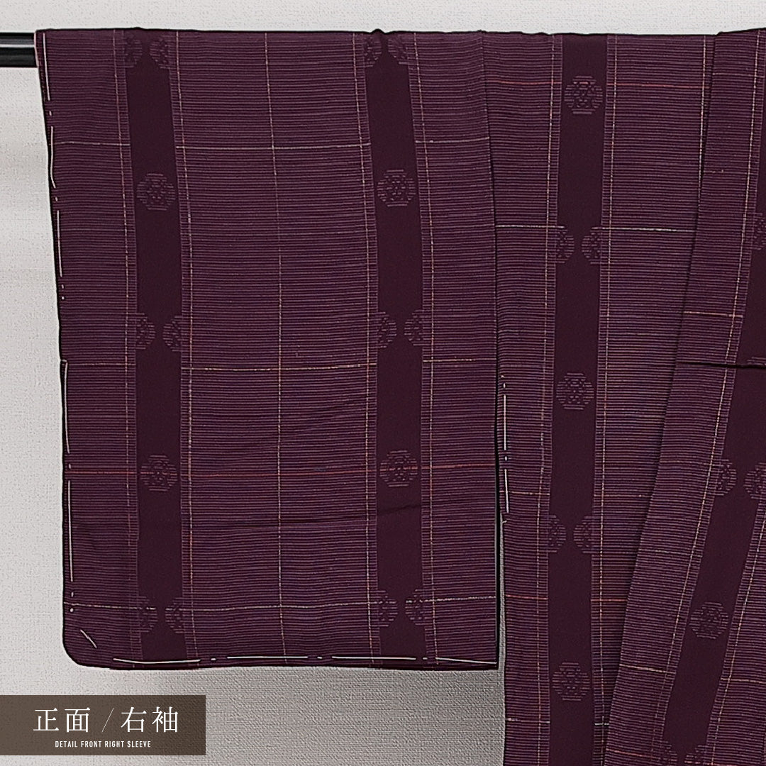 お召 袷 身丈140cm 裄丈62cm 正絹 Aランク インフォーマル 広衿 XSサイズ 漆糸 木瓜 紫系 RP 1222-14223