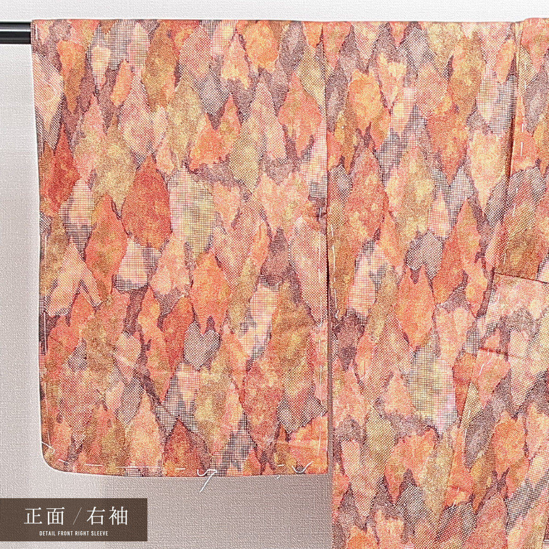 小紋 袷 身丈156cm 裄丈61cm 正絹 Aランク Mサイズ 広衿 インフォーマル 抽象柄 朱系 1215-14852