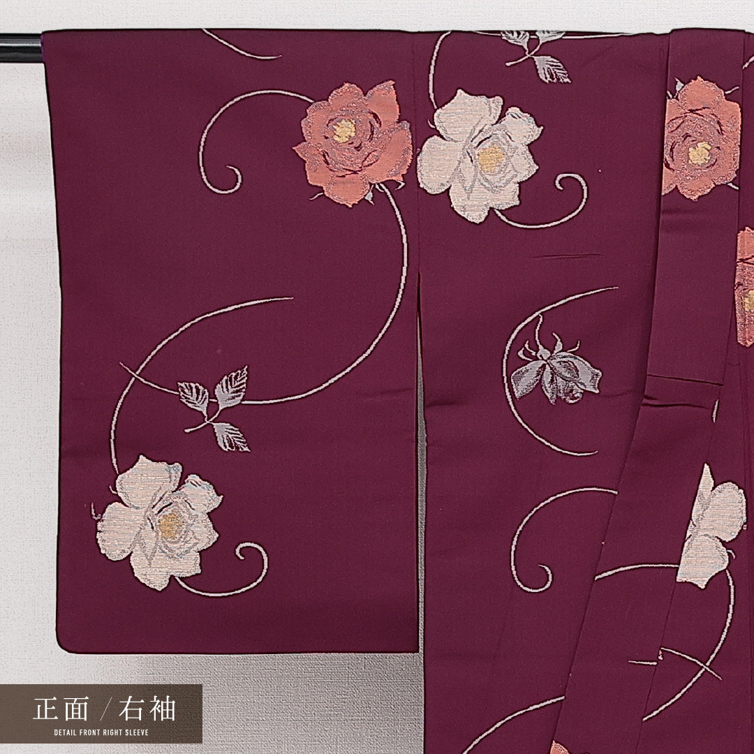 アンティーク お召 袷 身丈151cm 裄丈60cm 正絹 Aランク バチ衿 Sサイズ 薔薇 紫系 RP 1222-14234