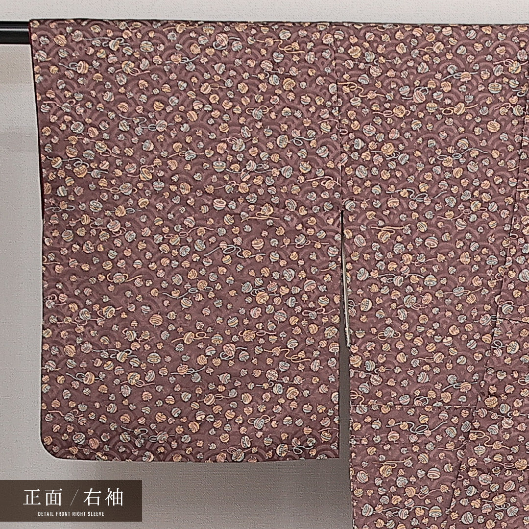 小紋 袷 身丈161cm 裄丈63cm 正絹 Sランク 紋意匠 (青海波) インフォーマル 広衿 Lサイズ コマ 紫系 RP 1221-14059