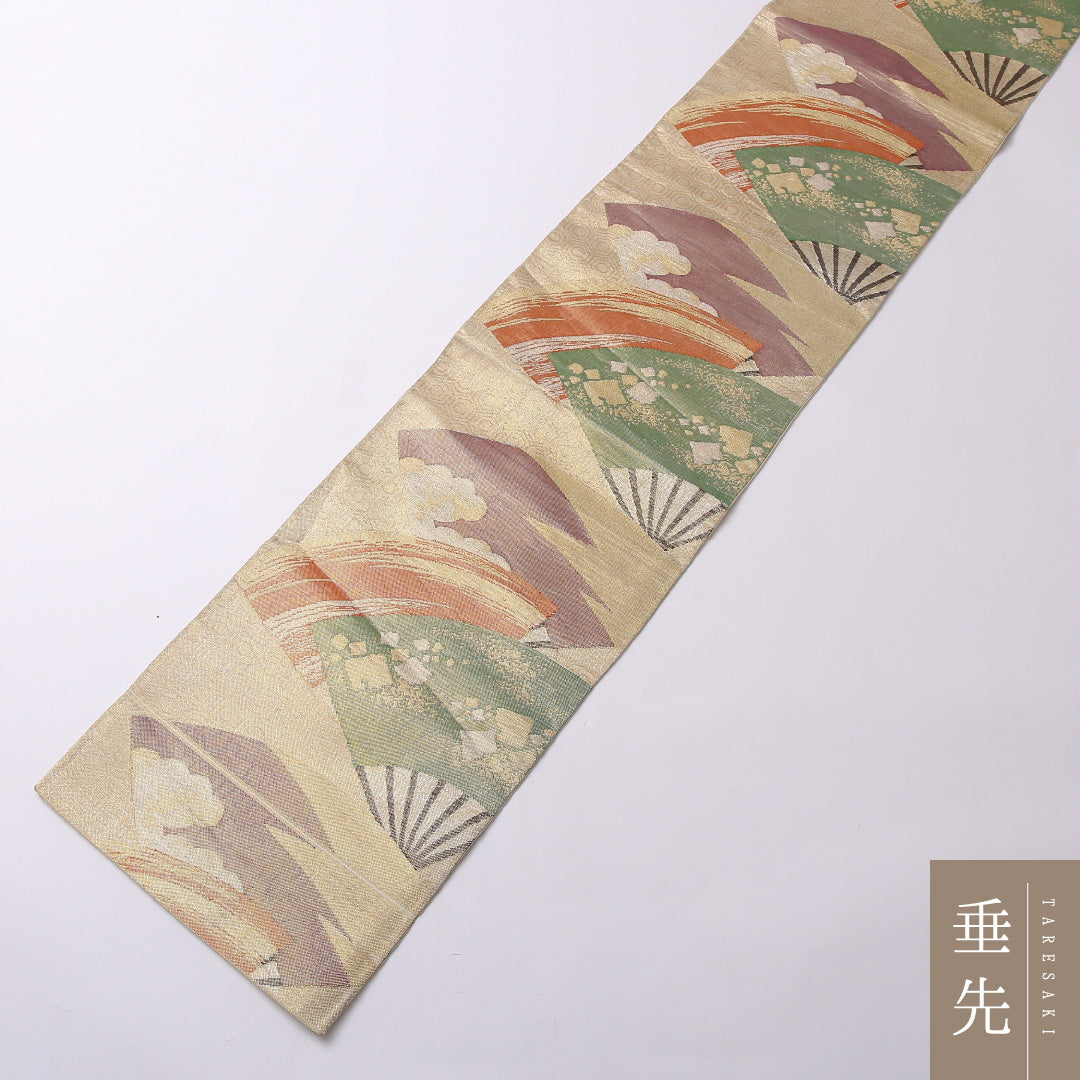 袋帯 帯丈432cm 六通 未仕立て フォーマル Aランク 正絹 雲取り 扇 古典的 落ち着き 金系 1223-01610