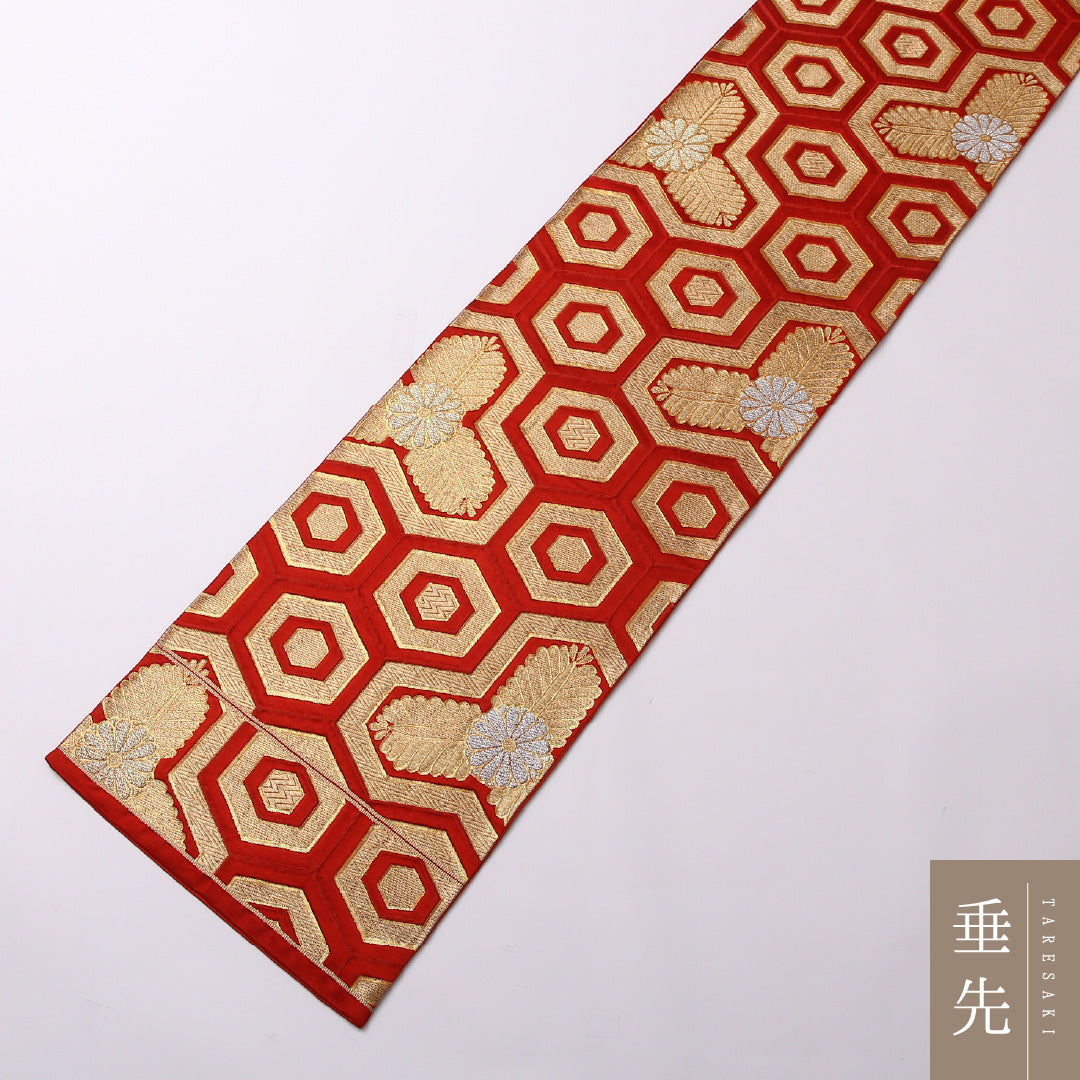 袋帯 帯丈416cm 正絹 六通 フォーマル 毘沙門亀甲 古典柄 赤系 金系 1243-01613
