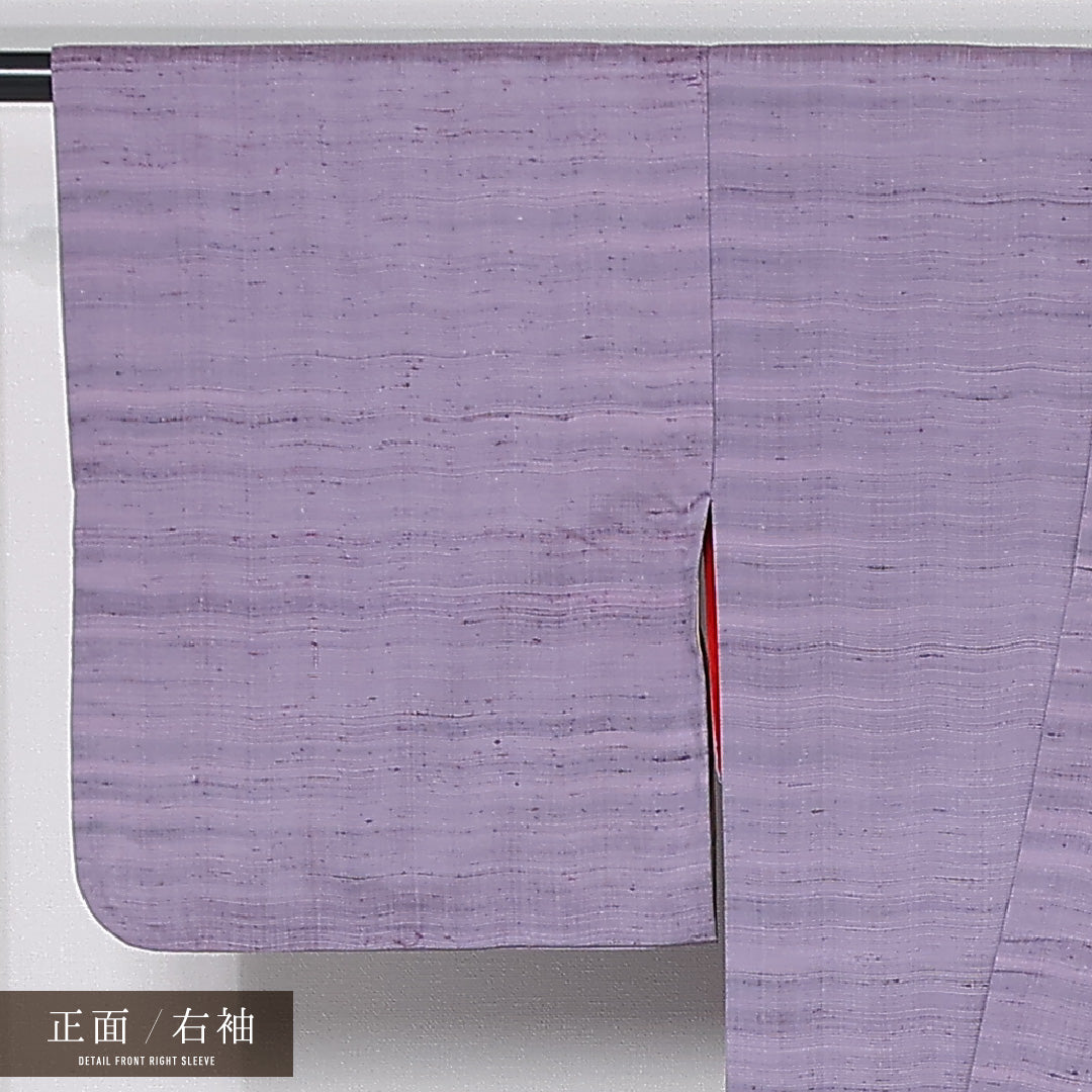 アンティーク 色無地（紬地） 身丈148cm 裄丈61.5cm Bランク XS 正絹 袷 広衿 シック 地紋なし 一つ紋 花菱 後染め ぼかし 小紋 紫系 1214-11992