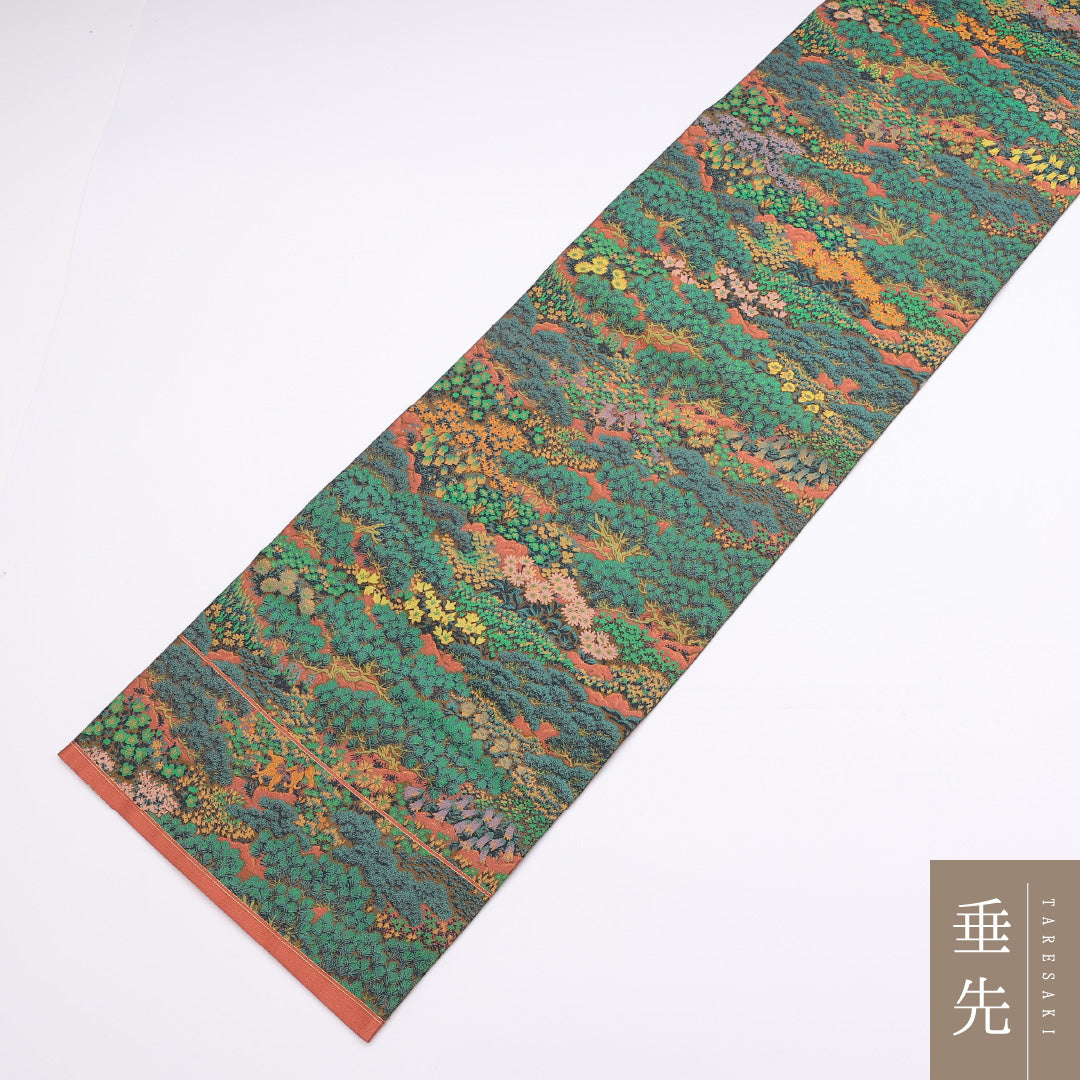 袋帯 帯丈432cm 全通 紹巴織 萬葉織苑 山喜織物 風景 カジュアル 緑系 正絹 Sランク 1223-00890