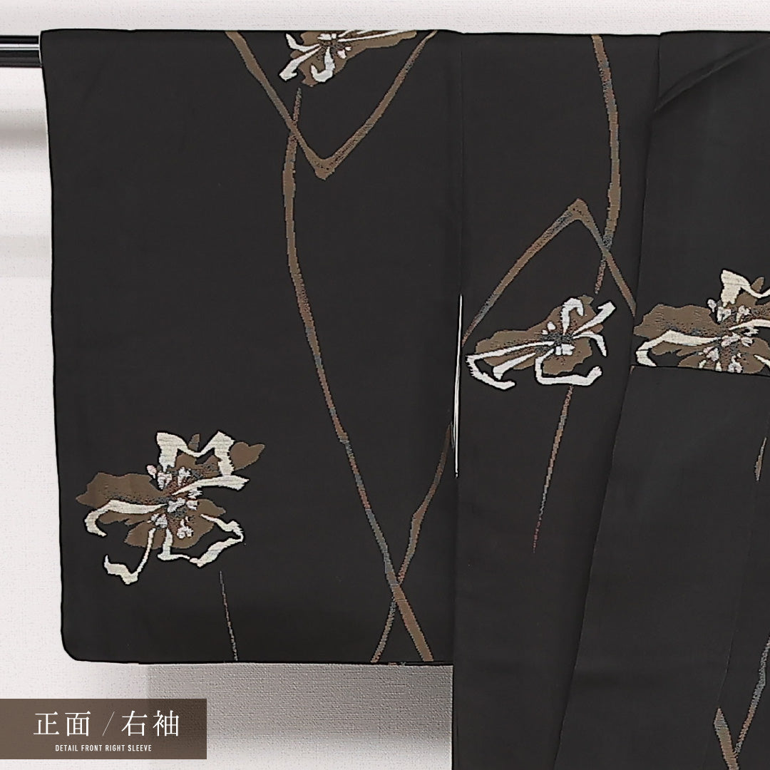 お召 袷 身丈149cm 裄丈62cm 正絹 Dランク インフォーマル 広衿 XSサイズ 花柄 黒系 LP 1222-13284