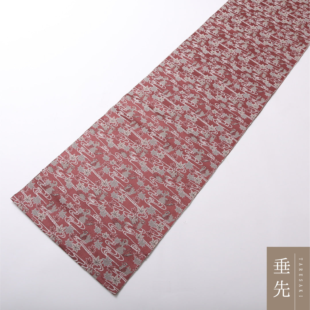 八寸名古屋帯 Aランク 帯丈324cm 正絹 全通 開き仕立て 織り カジュアル 雉 龍田川 紫の混ざったピンク系 RP 1245-03050