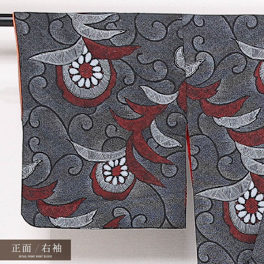 アンティーク 小紋 袷 身丈149cm 裄丈64cm Aランク 正絹 バチ衿 XSサイズ 創作柄 モダン 芸術的 黒系 赤系 1215-13517