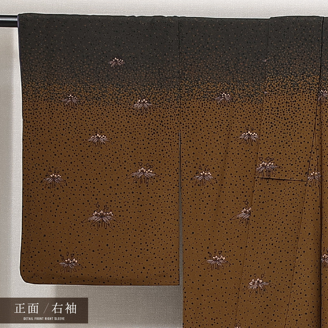 付下げ 洗える着物 袷 身丈165cm 裄丈65cm ポリエステル Sランク XLサイズ 広衿 インフォーマル 根笹 茶系 1261-14825