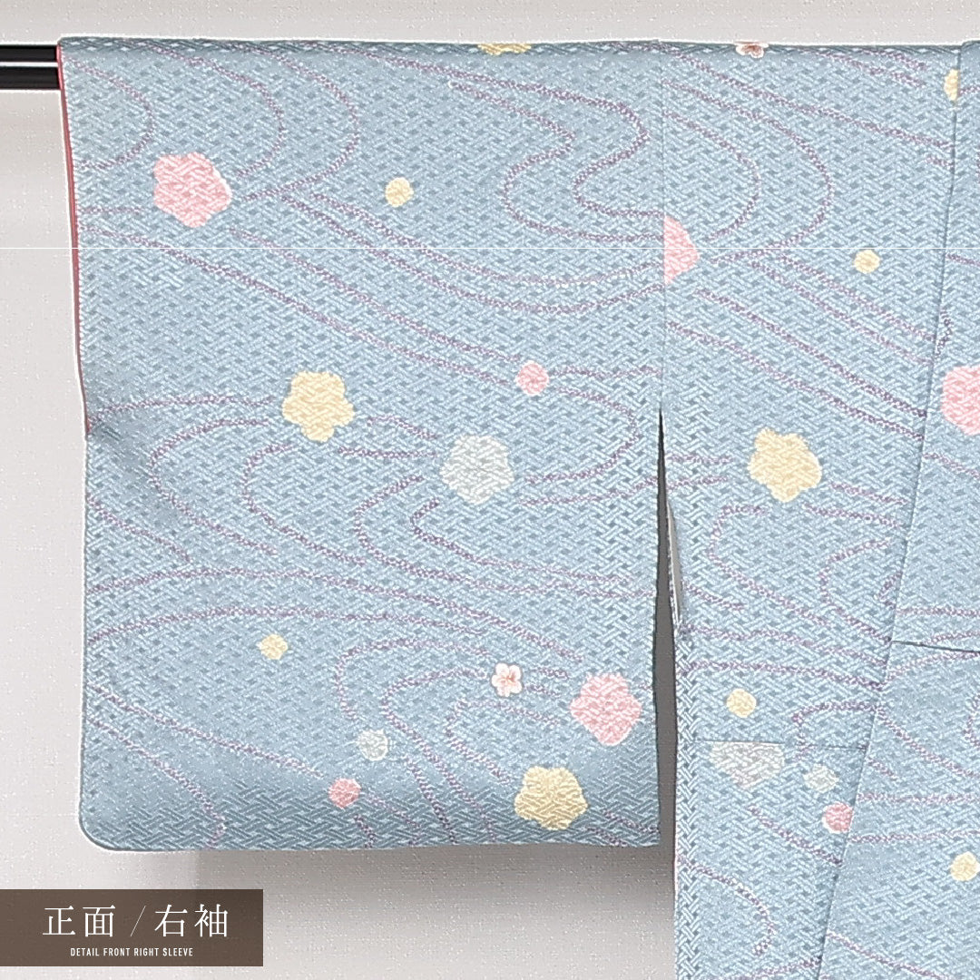 小紋 袷 身丈146cm 裄丈62cm 正絹 Bランク インフォーマル 広衿 XSサイズ 刺繍 流水 桜 桜 水色系 RP 1221-13115