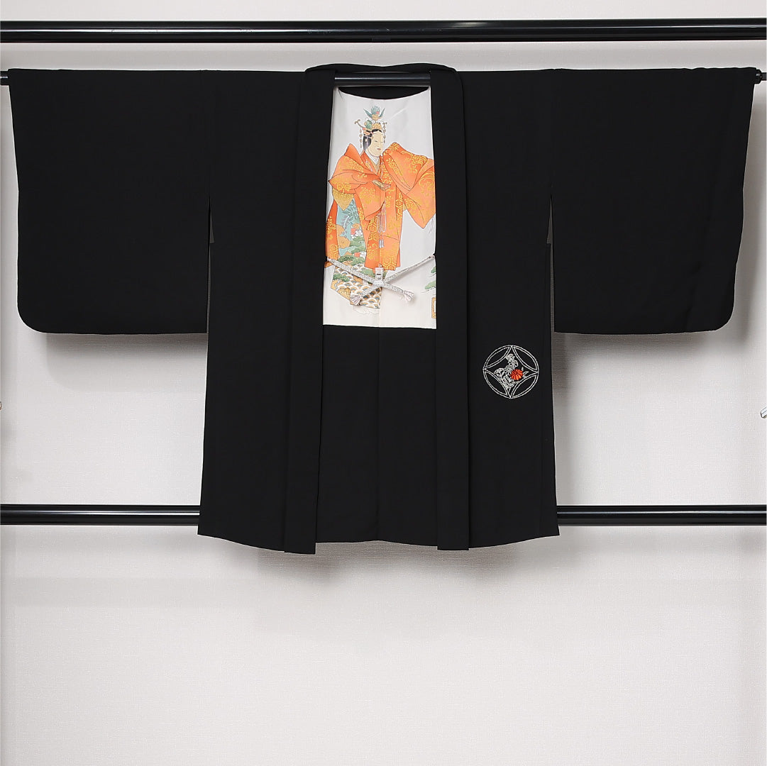 黒羽織 袷 身丈83cm 裄丈66cm 正絹 Sランク 一つ紋 (五三桐) セミフォーマル Mサイズ 刺繍 紐あり 七宝 牡丹 紅葉 小槌 黒系 RP 1233-12752
