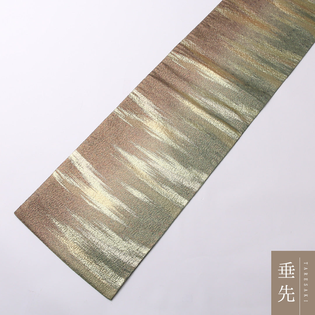袋帯 帯丈432cm 六通 セミフォーマル Sランク 正絹 ふくれ織 創作柄 シック 伝統的 緑系 1223-01536