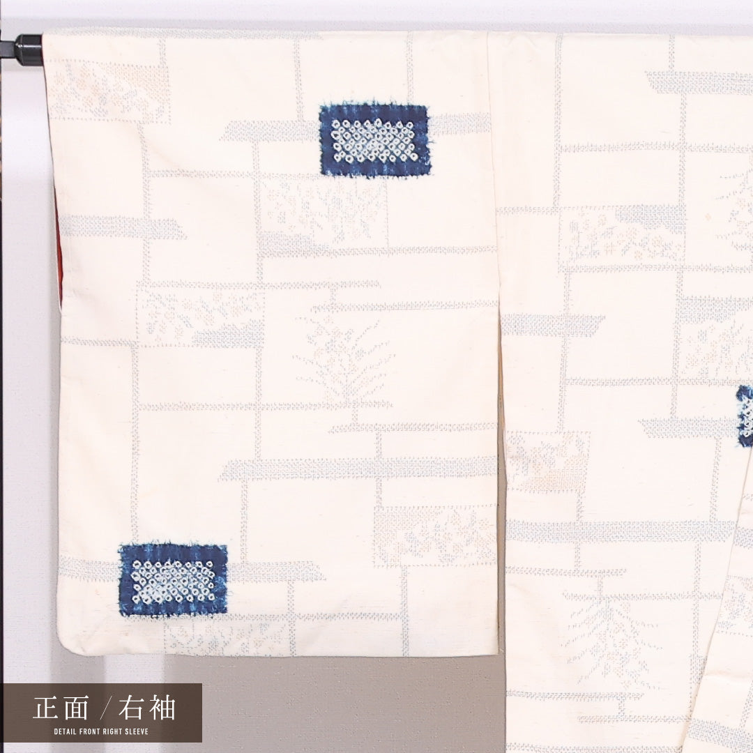 紬 袷 身丈160cm 裄丈67cm 正絹 Cランク カジュアル 広衿 Lサイズ 創作柄 クリーム系 LP 1223-11704