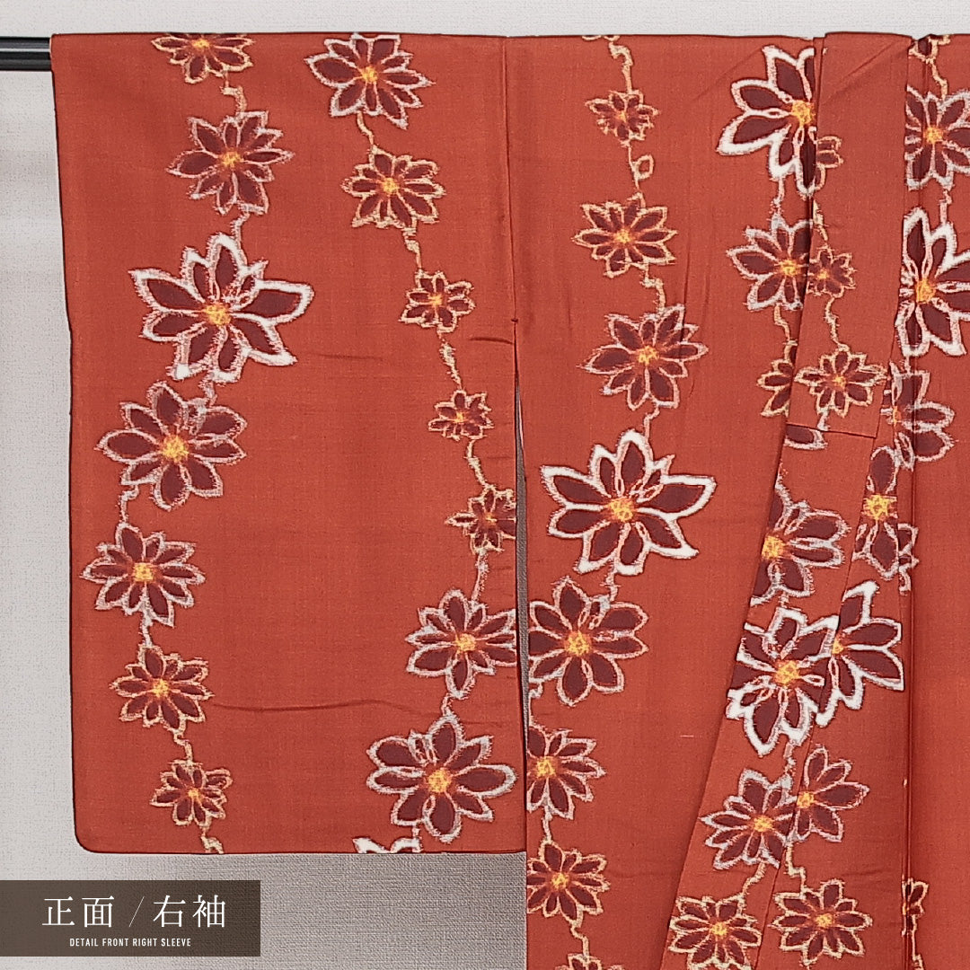 アンティーク 紬 袷 身丈154cm 裄丈65cm 正絹 Aランク バチ衿 Sサイズ 花柄 可憐 大正ロマン 朱系 HP 1223-14420