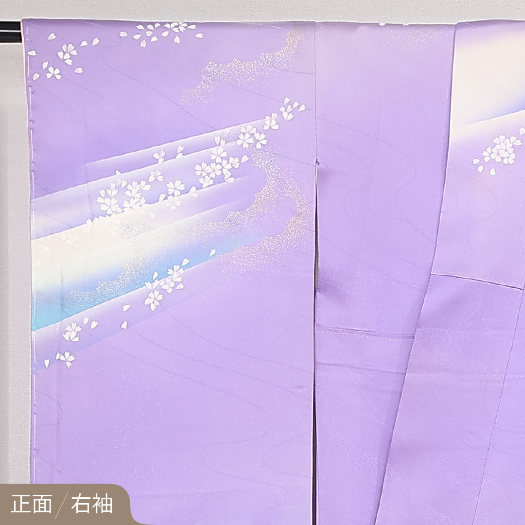 振袖 身丈161cm 裄丈65cm Bランク 正絹 袷 広衿 L しつけ糸 流水 吉祥文様 桜 フォーマル 紫系 1213-F0527