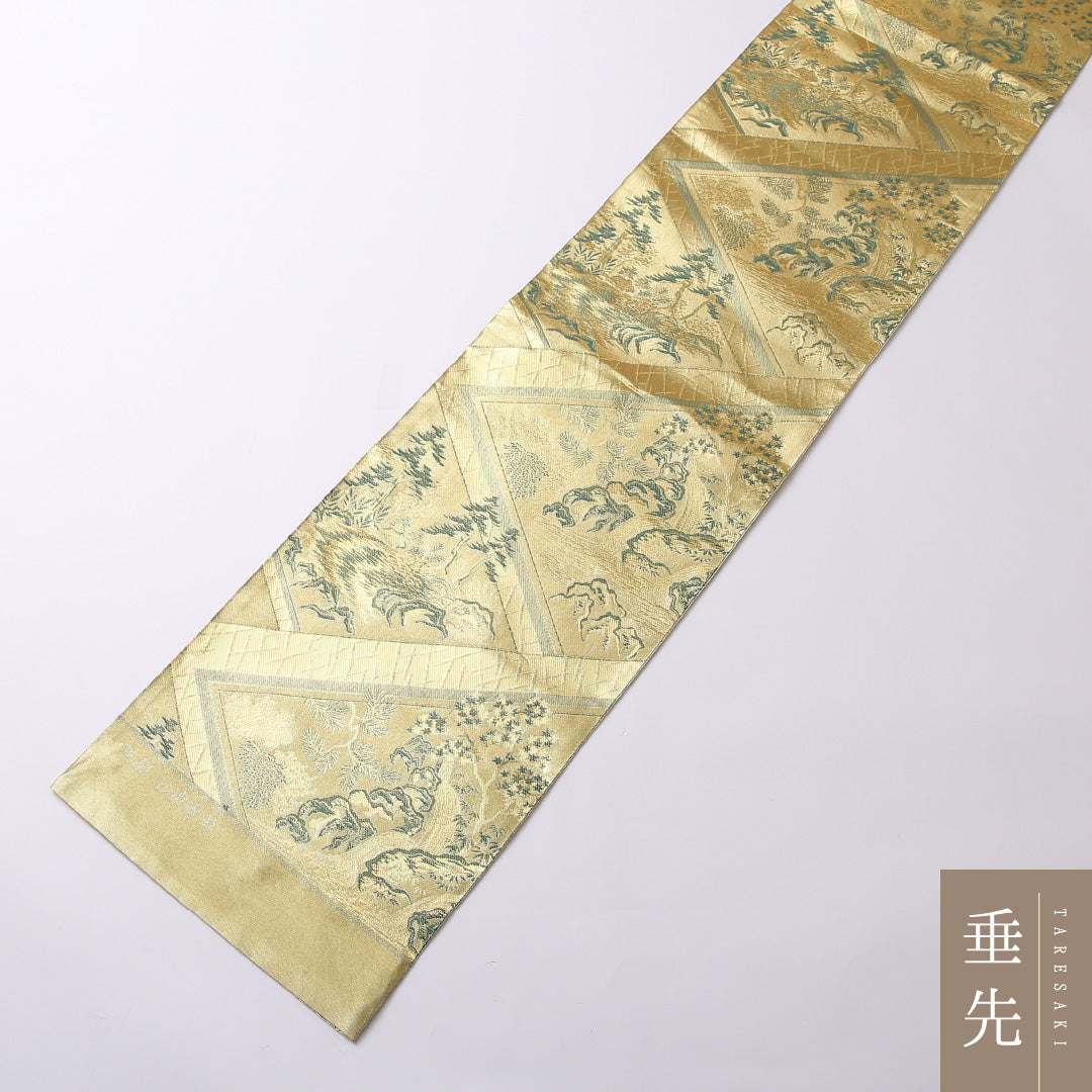 袋帯 帯丈452cm 六通 未仕立て フォーマル Sランク 正絹 佐賀錦 松 古典的 重厚感 証紙 金系 1223-01609