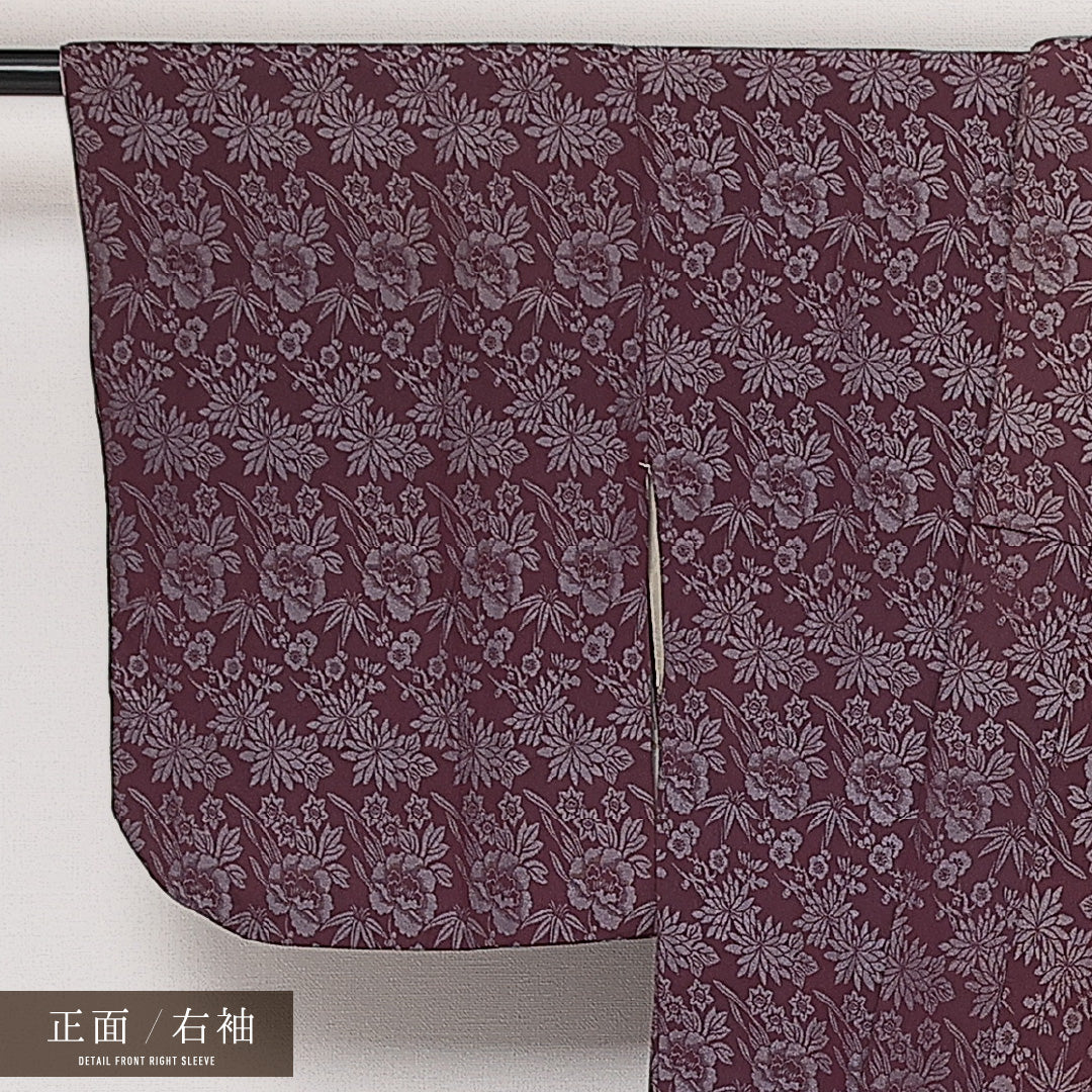 アンティーク お召 袷 身丈152cm 裄丈60cm 正絹 Bランク バチ衿 Sサイズ 菊 笹 牡丹 紫系 HP 1222-13980