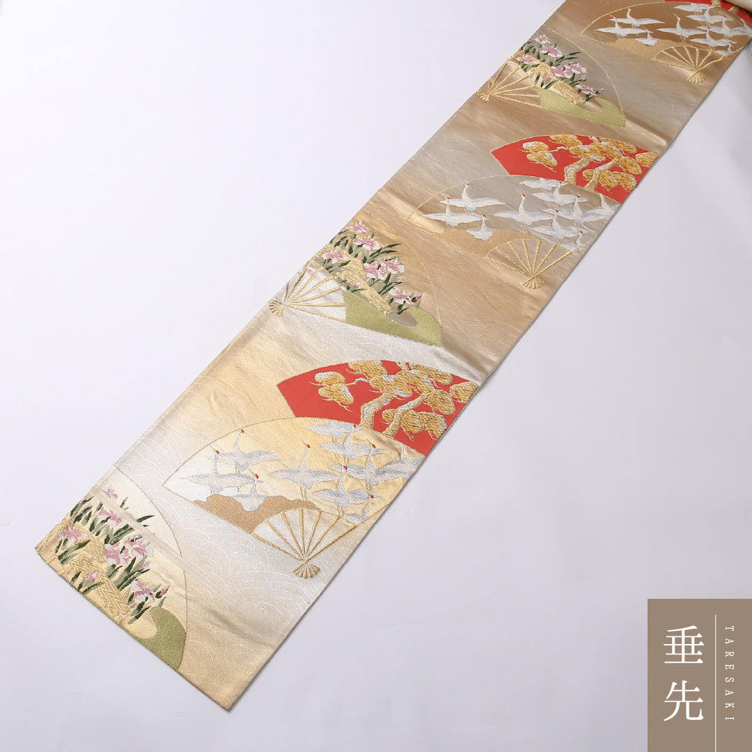 袋帯 帯丈424cm 正絹 六通 フォーマル 更紗 花扇 松鶴 八橋 金系 1243-01438
