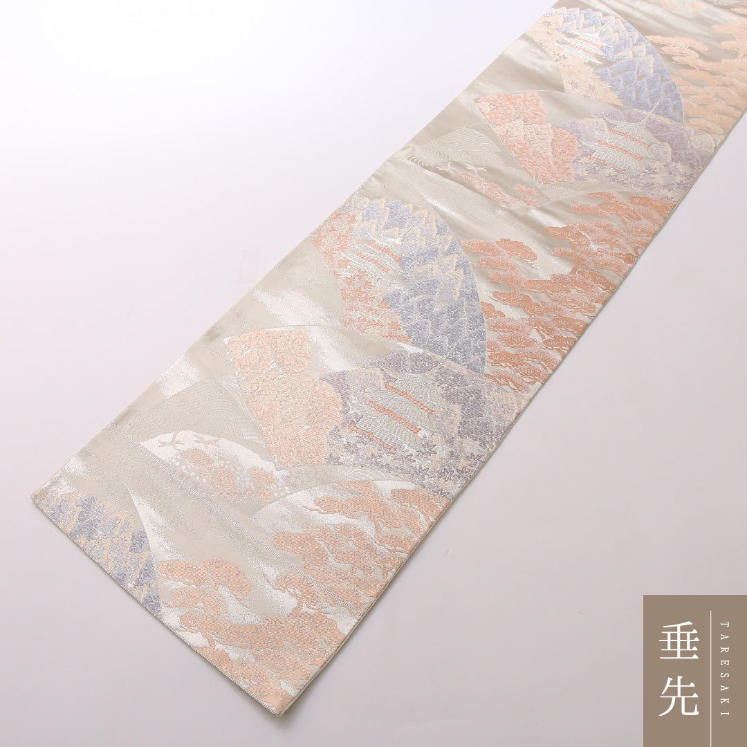 袋帯 帯丈428cm 六通 セミフォーマル Bランク 正絹 京洛百景 古典的 しとやか クリーム系 1223-01643