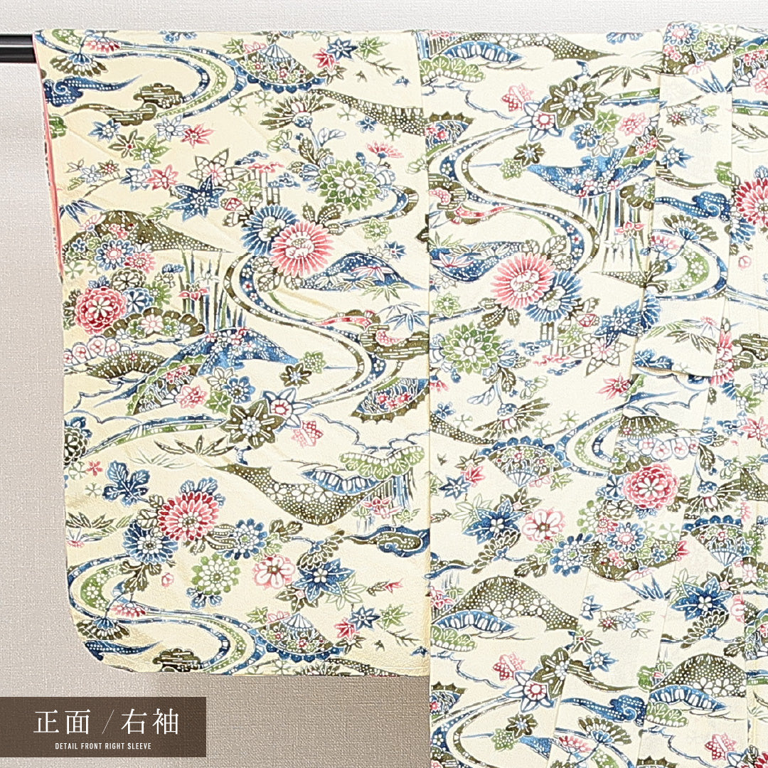 新古品 小紋 袷 身丈153cm 裄丈61cm 正絹 Nランク Sサイズ バチ衿 インフォーマル 吉祥文様 しつけ糸 クリーム系 黄系 1215-14859