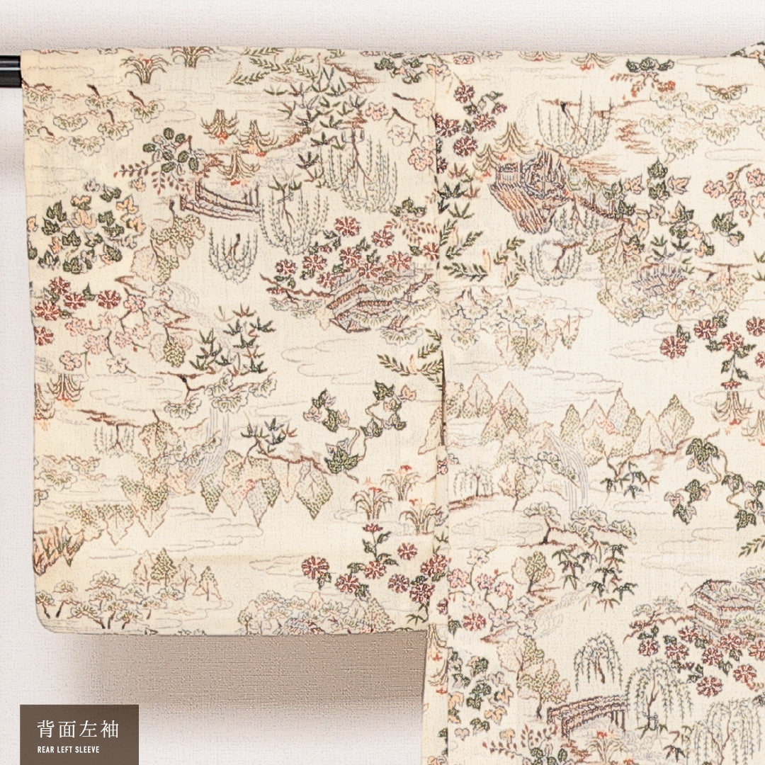 洗える着物 ウールの羽織 単衣 身丈77cm 裄丈62cm ウール Bランク カジュアル Sサイズ 紐あり 茶屋辻 楼閣 クリーム系 HP 1232-13909