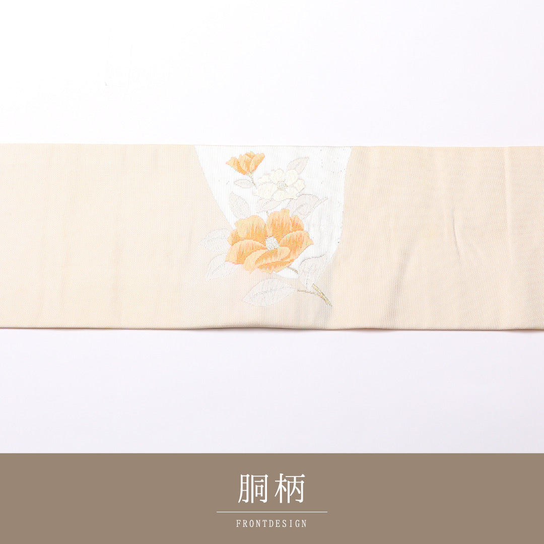 名古屋帯 ポイント柄 帯丈350cm セミフォーマル Cランク 正絹 椿 クリーム系 1224-02463