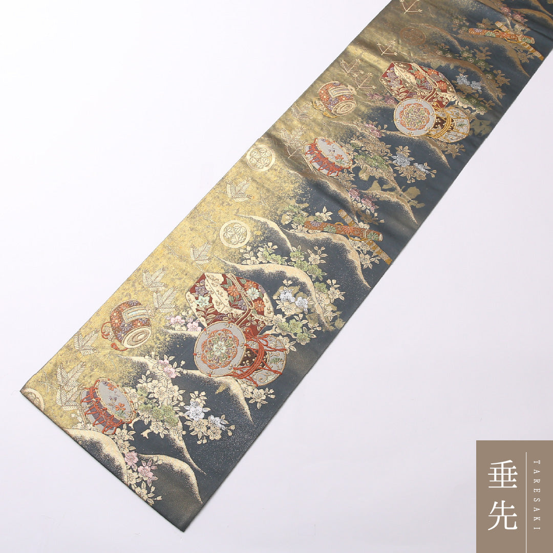 袋帯 帯丈428cm 六通 フォーマル Sランク 正絹 楽器 古典的 重厚感 緑系 1223-01494