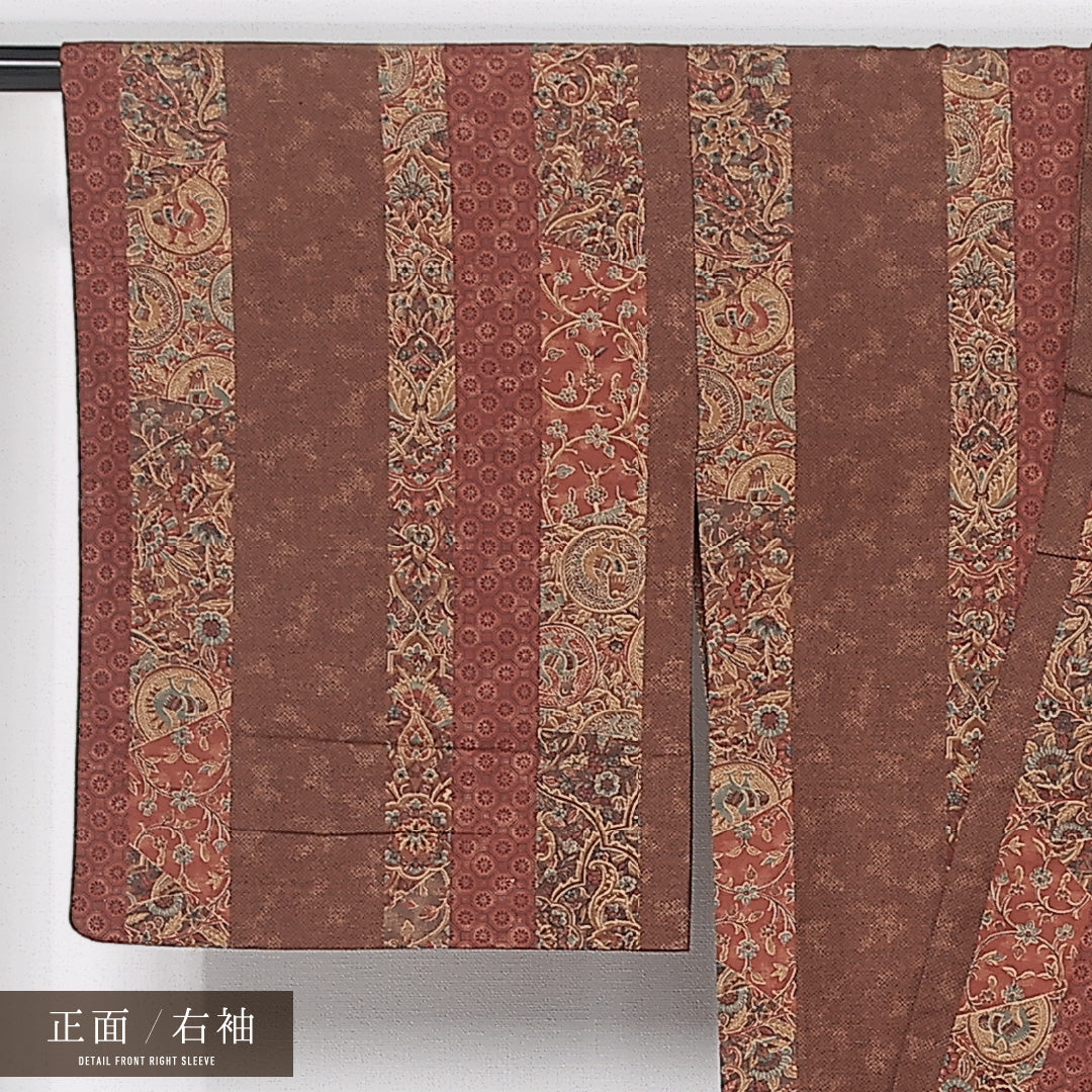 紬 単衣 身丈152cm 裄丈55cm 正絹 Sランク カジュアル 広衿 Sサイズ 更紗 縞 茶系 RP 1223-12165