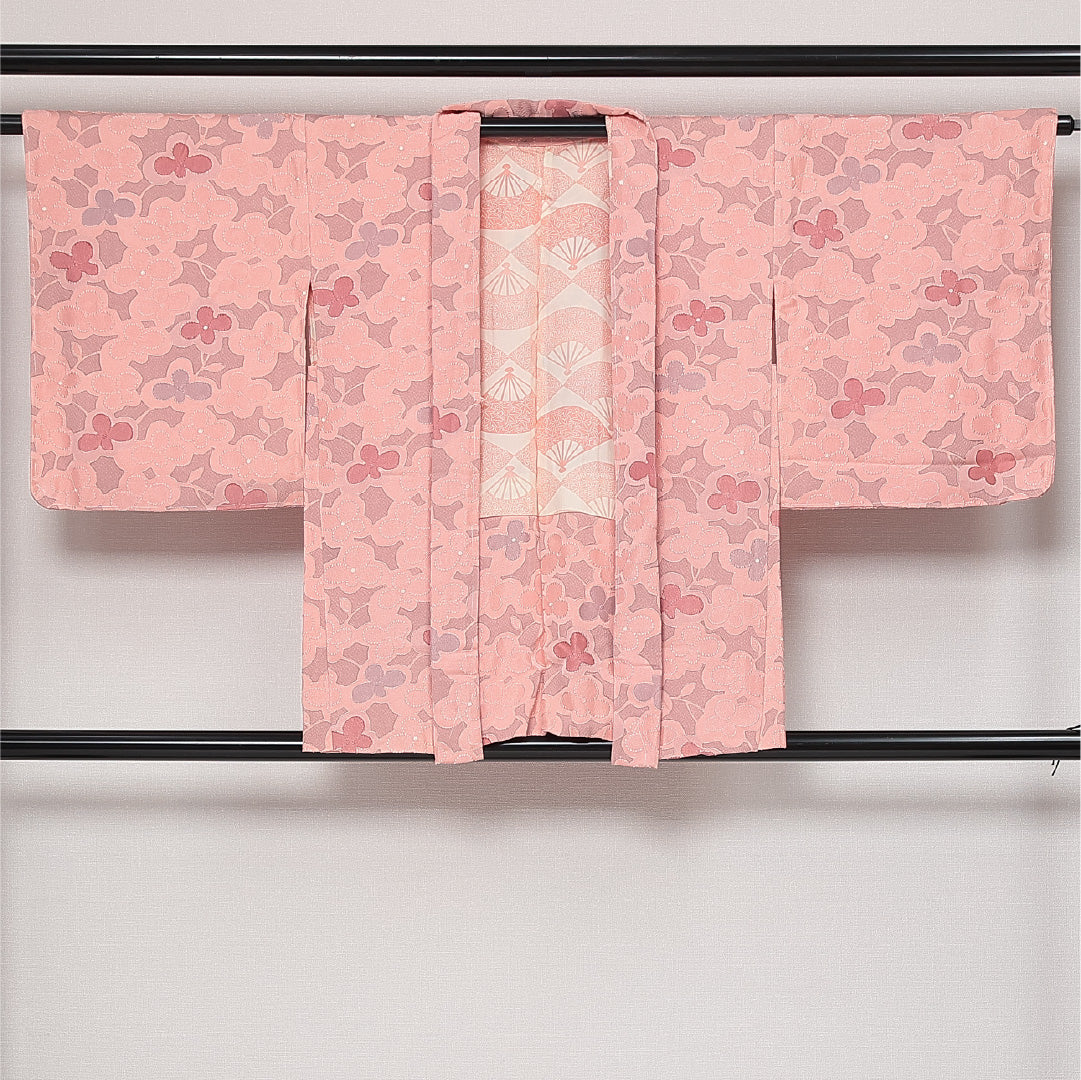 未使用品 羽織 袷 身丈74cm 裄丈67cm 正絹 Nランク 紋意匠 (花柄) カジュアル Mサイズ 織り出し しつけ糸 ピンク系 RP 1232-13769