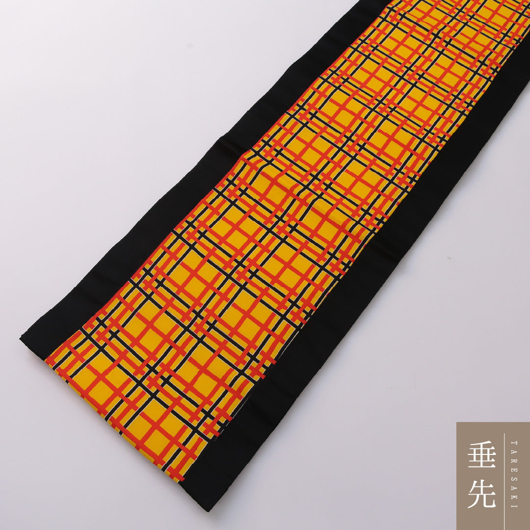 袋帯 帯丈424cm ポリエステル 全通 染め帯 カジュアル 格子 黄系 黒系 1243-01929