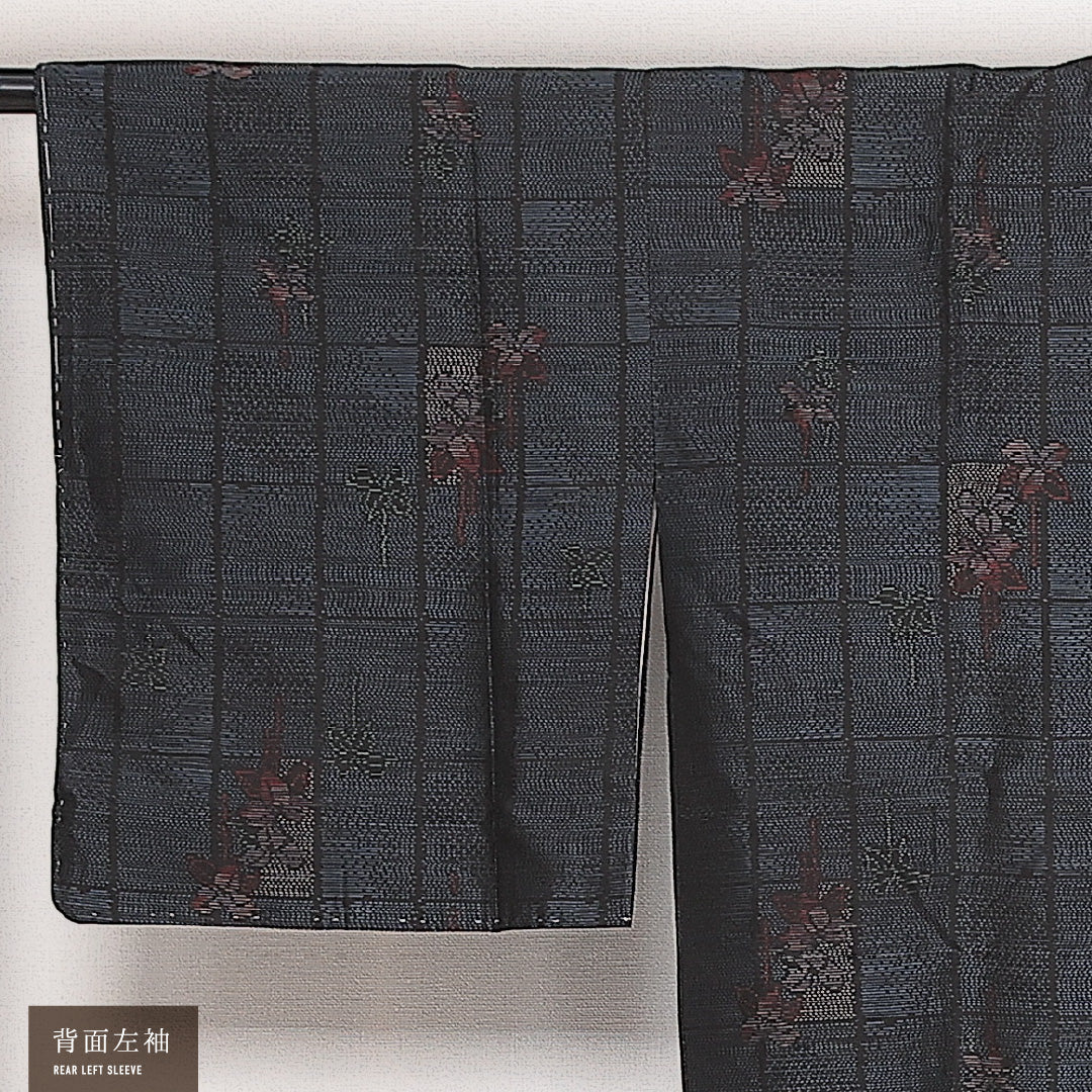 道行コート (大島紬) 袷 身丈83cm 裄丈64cm 正絹 Aランク インフォーマル Mサイズ 緯総絣 ポケットあり しつけ糸 花柄 紺系 RP 1237-13804