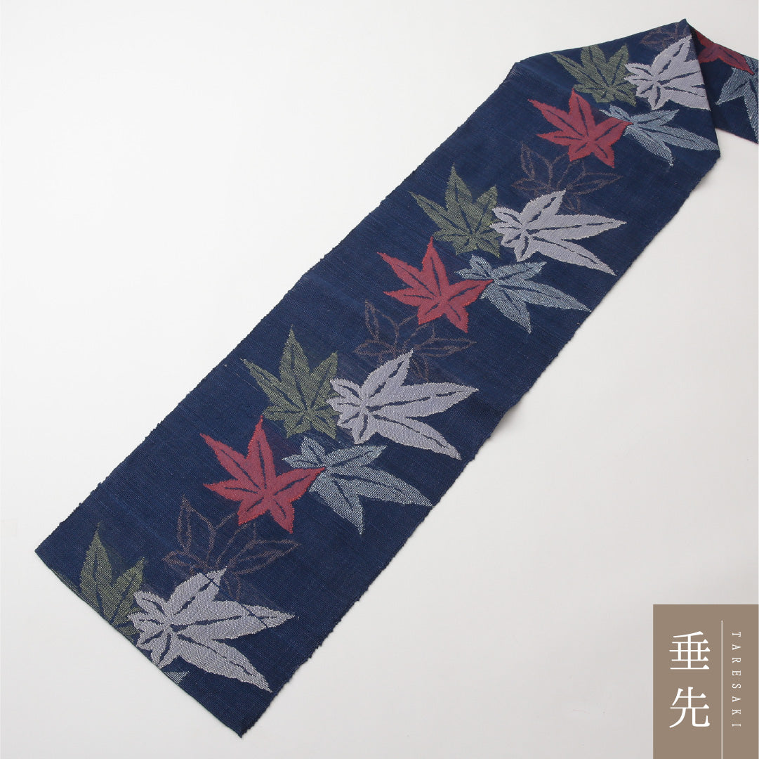 未使用品 八寸名古屋帯 （夏帯） Nランク 帯丈356cm 正絹 六通 名古屋仕立て 織り カジュアル 紬 紅葉 楓 青系 LP 1245-02164