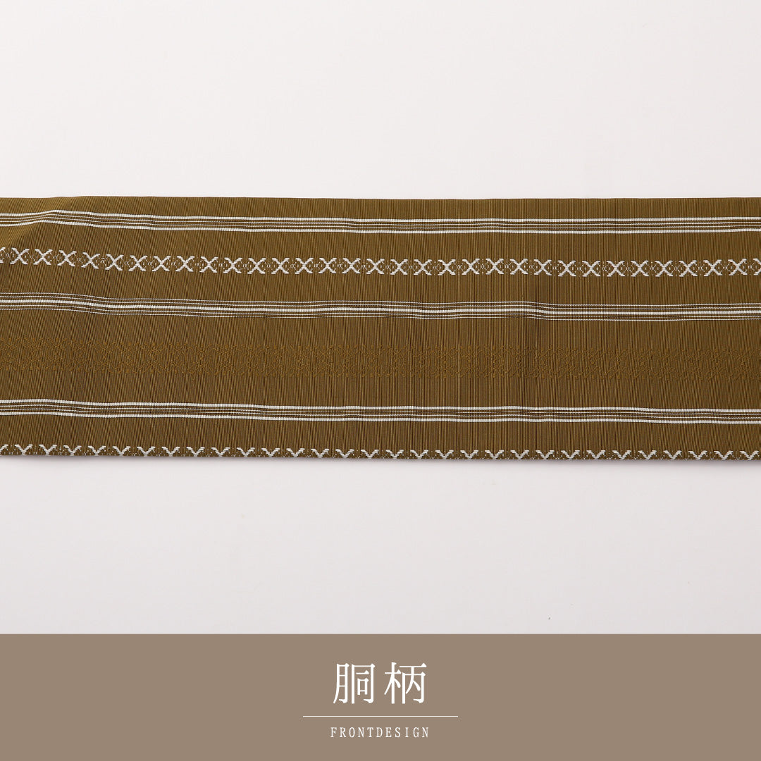 名古屋帯 全通 帯丈356cm カジュアル Aランク 正絹 本場筑前博多織 献上柄 茶系 1224-02239