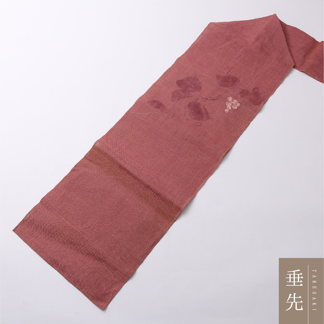 八寸名古屋帯 （夏帯） Cランク 帯丈350cm 正絹 ポイント柄 名古屋仕立て 織り カジュアル 紬 葡萄唐草文 くすんだピンク系 RP 1245-02756