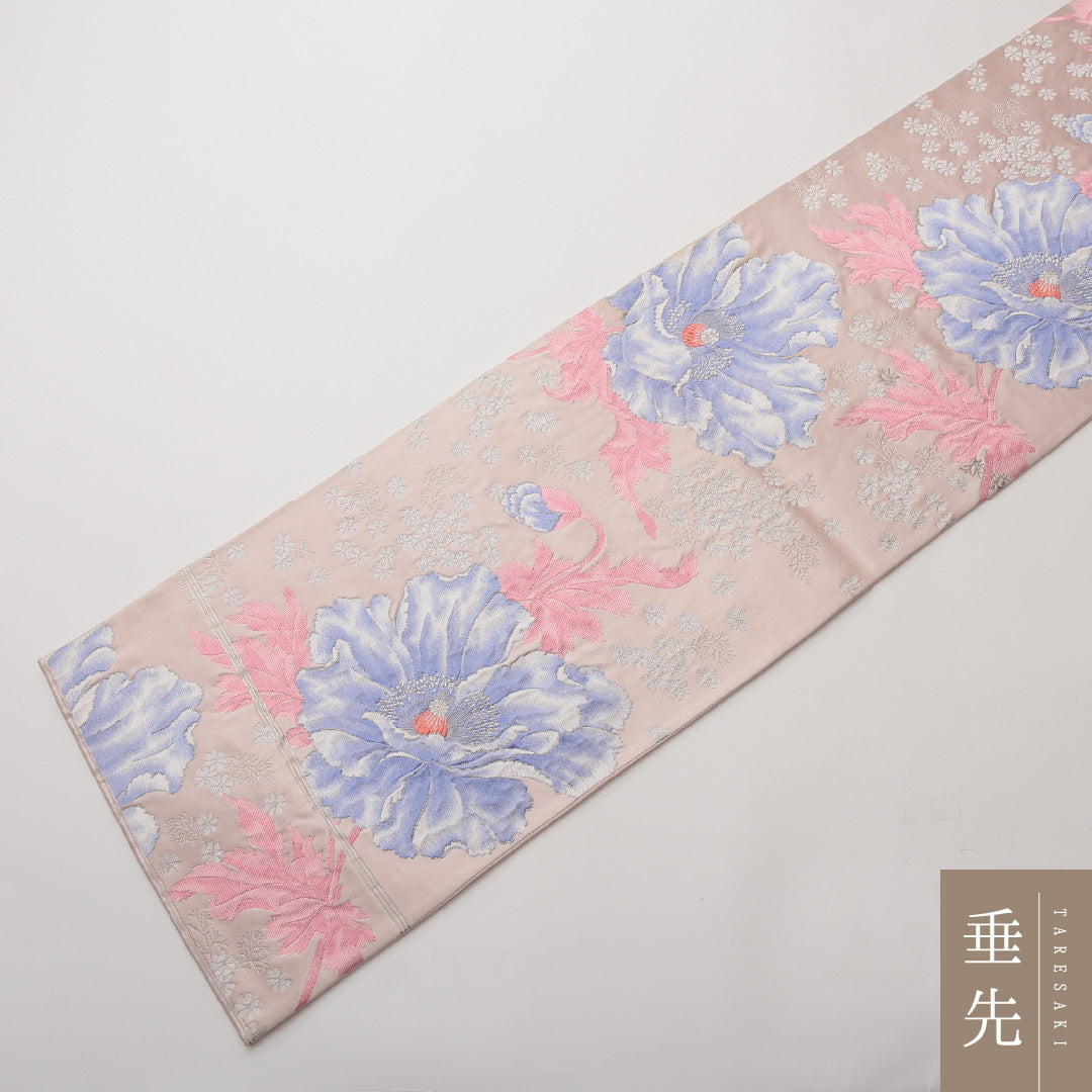袋帯 六通 帯丈420cm フォーマル Sランク 正絹 唐織 牡丹 ピンク系 1223-01475