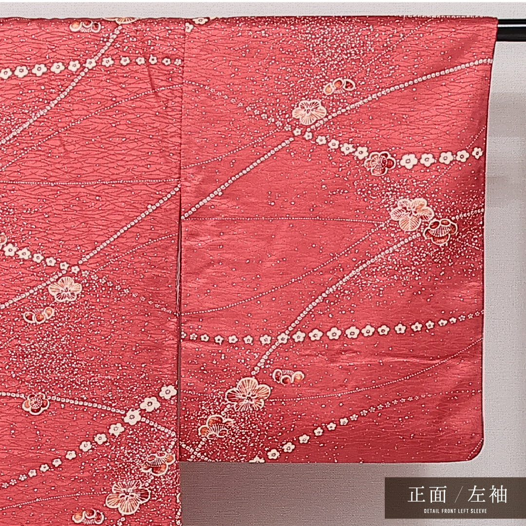 小紋 袷 身丈159cm 裄丈63cm 正絹 Sランク 紋意匠 (芝草) インフォーマル 広衿 Mサイズ 梅 赤系 RP 1221-14349