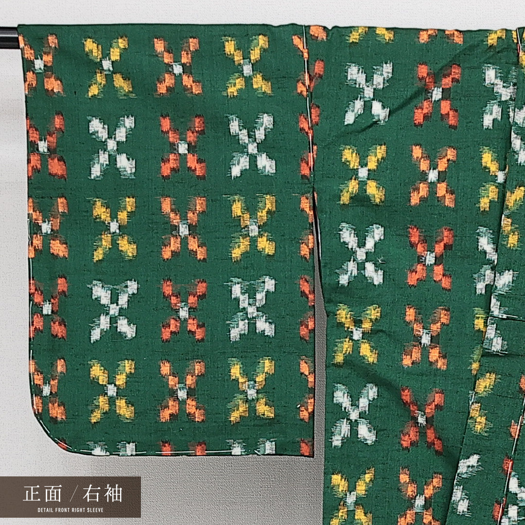 アンサンブル 洗える着物 ウールの久留米絣の着物 単衣 身丈157cm 裄丈63cm ウール Aランク カジュアル バチ衿 Mサイズ しつけ糸 緑系 RP 1223-14434