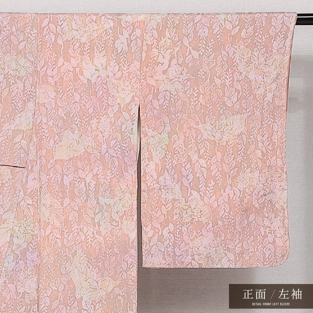 お召 袷 身丈153cm 裄丈62cm 正絹 Aランク インフォーマル 広衿 Sサイズ しつけ糸 花柄 植物柄 ピンク系 RP 1222-14465