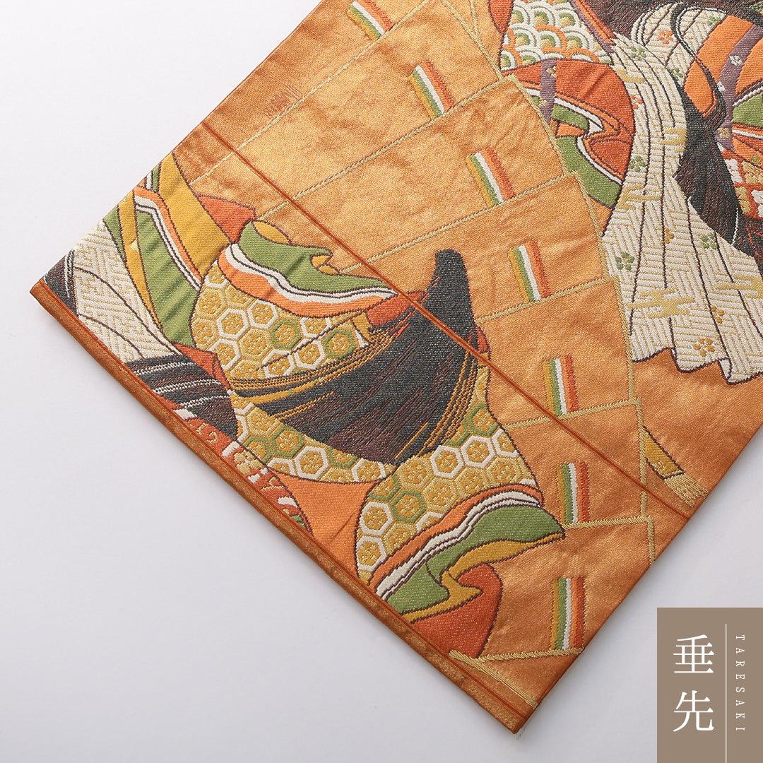 袋帯 帯丈444cm フォーマル 六通 Aランク 正絹 平安絵巻 朱系 1223-02155