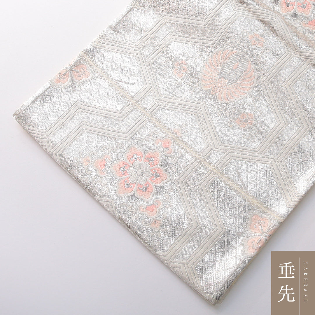 袋帯 帯丈424cm フォーマル 六通 帯芯なし Cランク 正絹 鳳凰 毘沙門亀甲 クリーム系 銀系 1223-02164