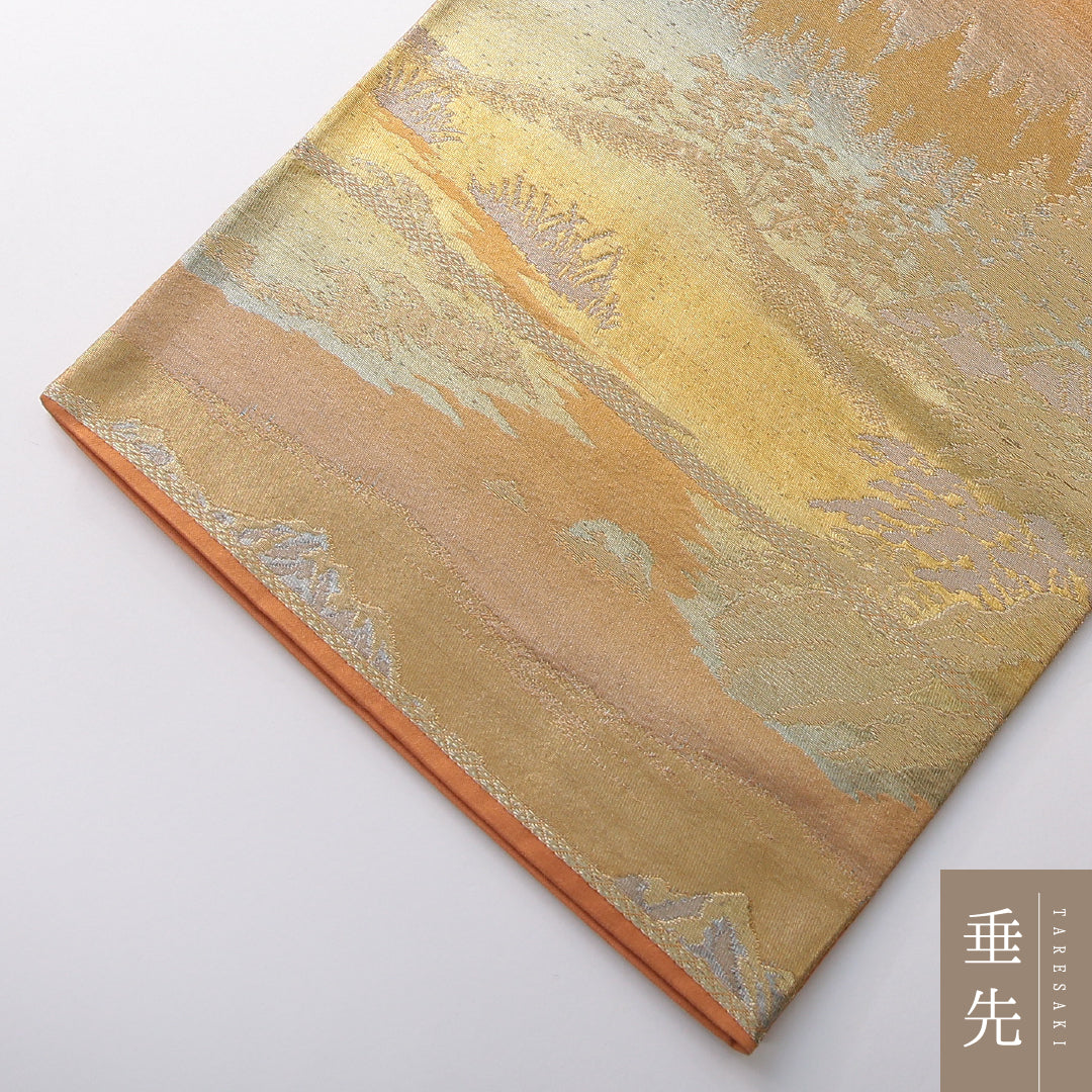 袋帯 帯丈412cm セミフォーマル 六通 Sランク 正絹 山 茶系 1223-02159